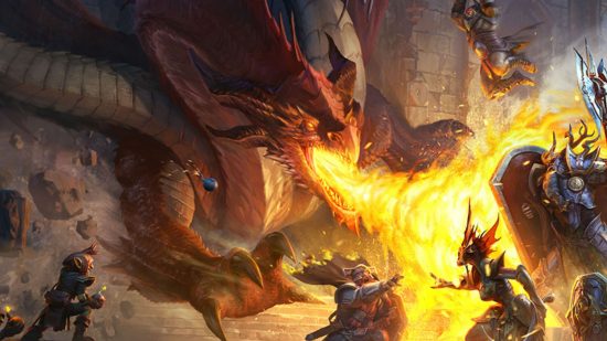 Dragonheir Silent Gods release date header showing a red dragon breathing fire at a load of knights all armoured to the nth.