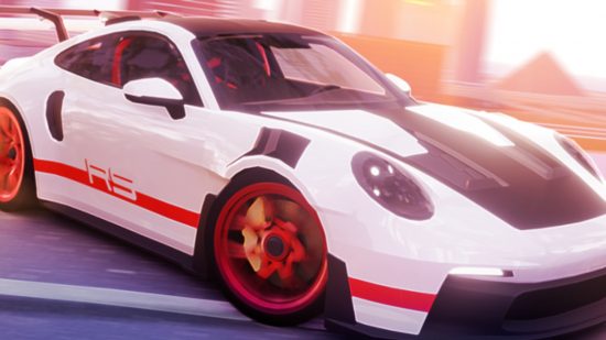 Drive World codes - a close up of a white and black car with red tyres