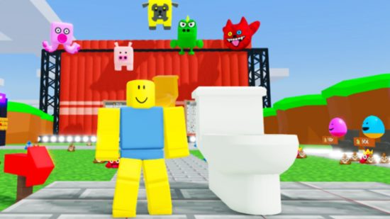 Fart Race codes key art showing a yellow character stood next to a giant toilet
