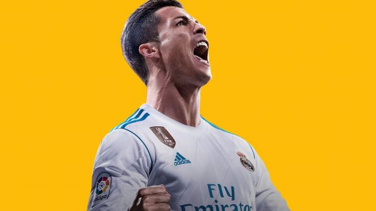 FIFA 23 Ultimate Team - Christiano Ronaldo, a famous footballer, arms wide screaming in his white Real Madrid shirt, looking to the right. His hair is short and dark brown.