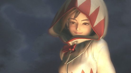 Final Fantasy 9 remake - Princess Garnet with a white and red hood on in front of the night sky