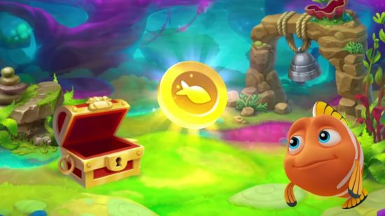 Captura de pantalla del pez de Fishdom y una moneda de oro como guía para los mejores juegos de peces