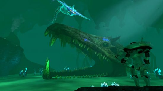 Captura de pantalla de un pez monstruo muerto en Subnautica para una guía de los mejores juegos de peces