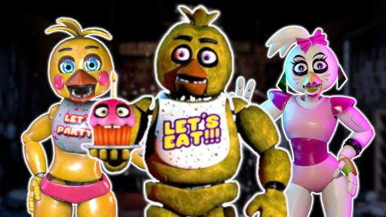 FNAF Chica: Three versions of Chica, from left to right, toy Chica, classic Chica, and glamrock Chica, all outlined in white and pasted on a blurred background of the FNAF 1 office.