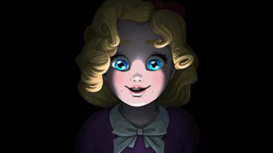 FNAF Chica: A little white girl with curly blonde hair and blue eyes illuminated from below. She is smiling and the rest of the image is completely black.