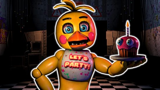 FNAF Chica: Toy Chika outlined in white and pasted on a background of the FNAF 2 office.
