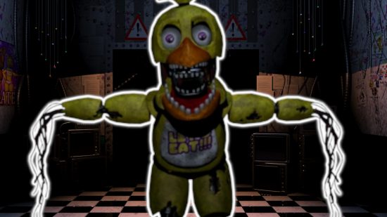 FNAF Chica: Withered Chica outlined in white and pasted on a background of the FNAF 2 office.