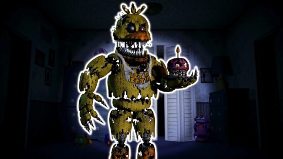 FNAF Chica: Nightmare Chica outlined in white and pasted on a background of the FNAF 4 bedroom.