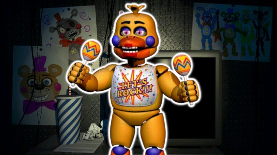 FNAF Chica: Rockstar Chica outlined in white and pasted on a background of the Pizzeria Simulator office.