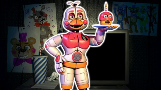 FNAF Chica: Funtime Chica outlined in white and pasted on a background of the Pizzeria Simulator office.