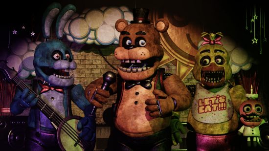 Zrzut ekranu przedstawiający Freddy'ego i gang na scenie, jak mogą pojawić się w filmie FNAF
