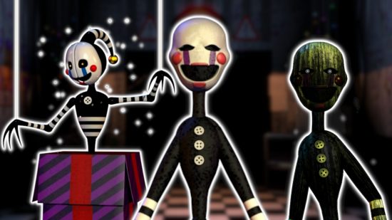 FNAF Puppet: Three versions of the FNAF Puppet (security, classic, and phantom) outlined in white and pasted on a blurred background of the FNAF 2 office.