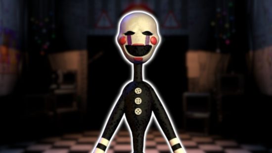 FNAF Puppet: The classic Puppet design outlined in white and pasted on a blurred FNAF 2 office background.