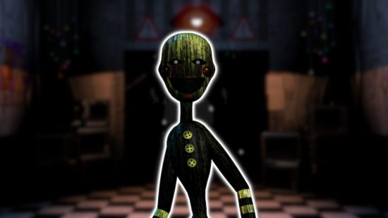 FNAF Puppet: The phantom Puppet outlined in white and pasted on a blurred FNAF 2 office background.