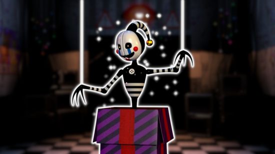 FNAF Puppet: The security puppet in a purple and red present box with strings holding its arms up outlined in white and pasted on a blurred FNAF 2 office background.
