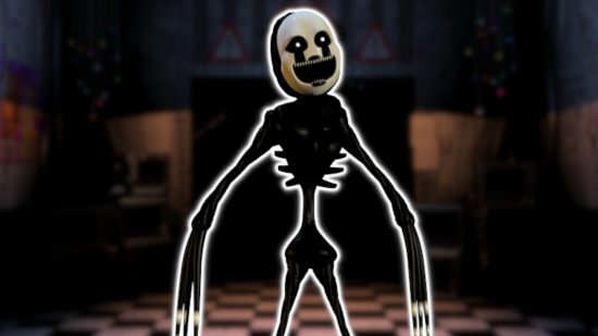 FNAF Puppet: The Nightmarionne from Ultimate Custom Night outlined in white and pasted on a blurred FNAF 2 office background.