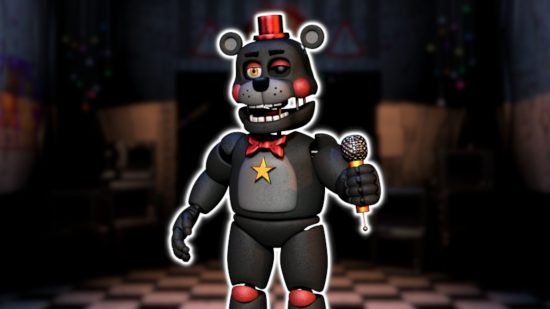 FNAF Puppet: Lefty the bear animatronic with a broken eye, black fur and red accessories outlined in white and pasted on a blurred background of the FNAF 2 office.