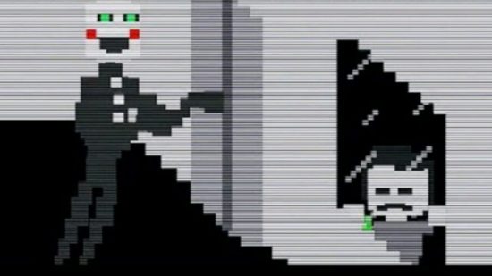 FNAF Puppet: A screenshot from the Security Puppet minigame showing the security puppet heading towards the window where Charlotte is trapped outside in the rain.