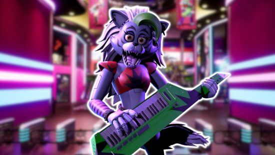 FNAF Roxy: Roxy's key art showing her bathed in purple light with a smile on her face playing the keytar, outlined in white and pasted on a blurred image of the Pizzaplex lobby.