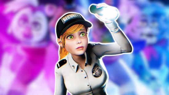 FNAF Vanessa: Vanessa in her security guard uniform holding up a flashlight above her head. She is outlined in white and pasted on a blurred background of the animatronics from the Mega Pizzaplex.