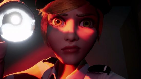 FNAF Vanessa: Vanessa looking concerned in red lighting and inspecting something with her flashlight.