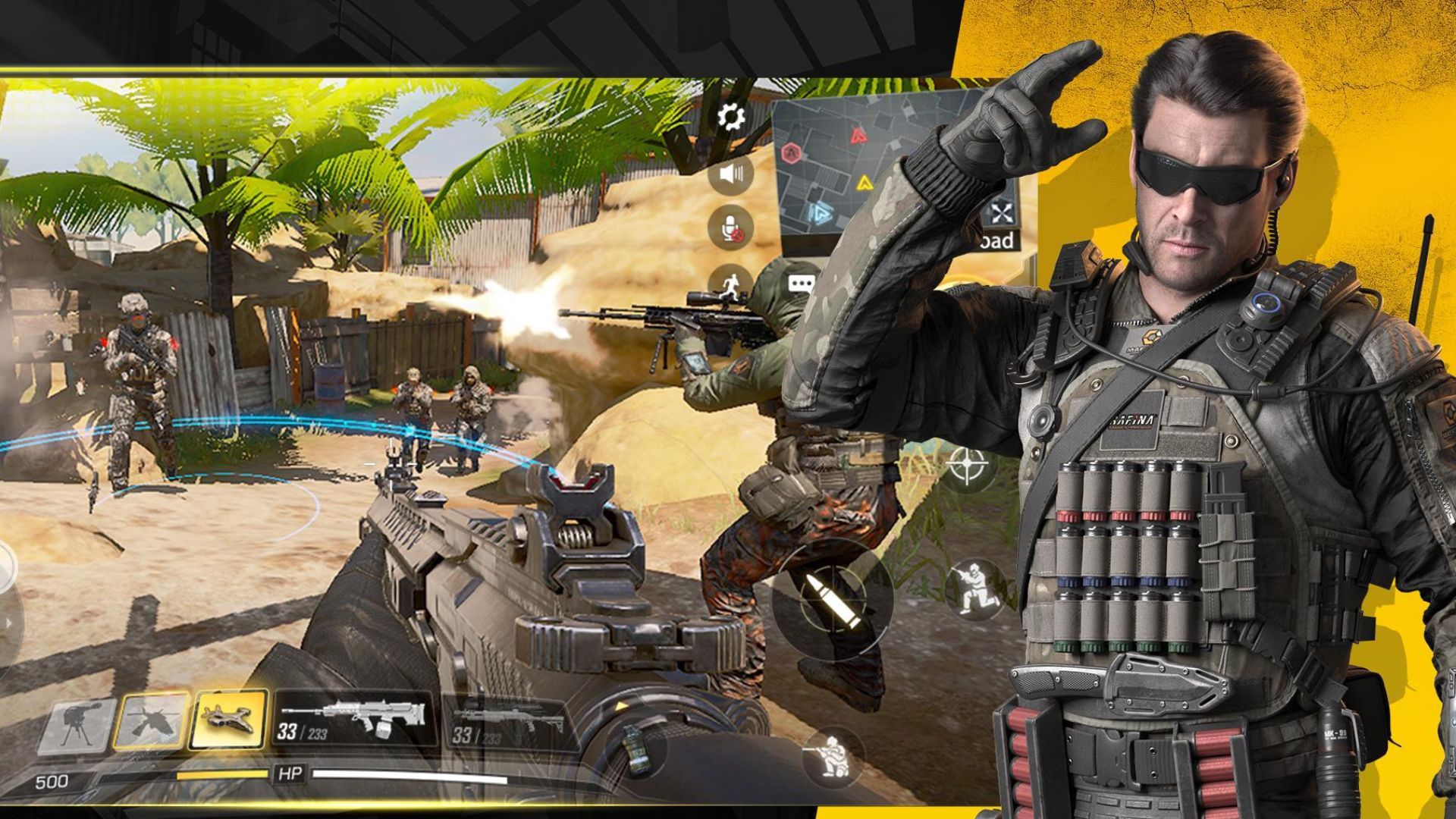 FPS games - a man stands saluting in modern soldier armour next to a screenshot from Cod Mobile showing a first person view of a man holding an assault rifle.