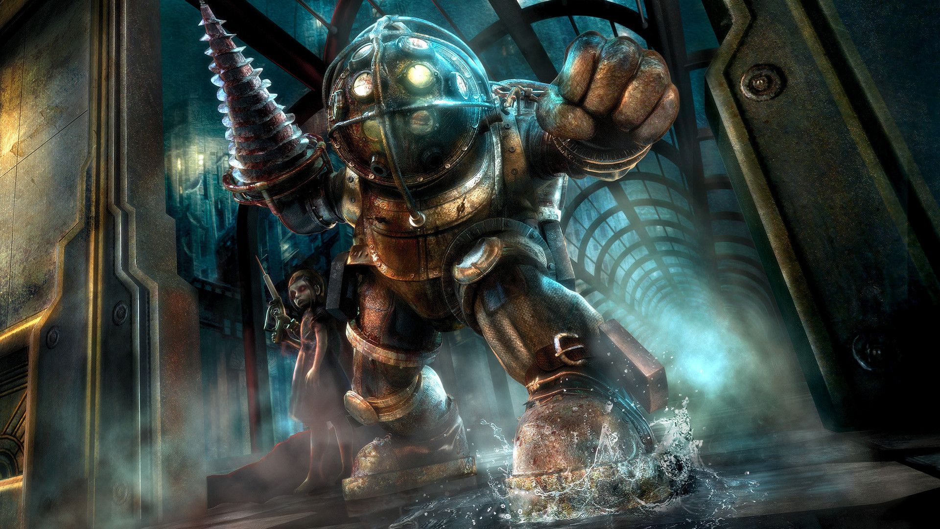 FPS games - a large mechanical humanoid with a sea-diver-esque helmet and large pointy drill on his right hand next to a small girl with empty eyes in a hall with light and mist bleeding in.