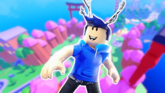 Free Hatchers codes: A male Roblox avatar with blue hair, antlers, and a blue hoodie, outlined in white and pasted on a blurred environment from Free Hatchers.