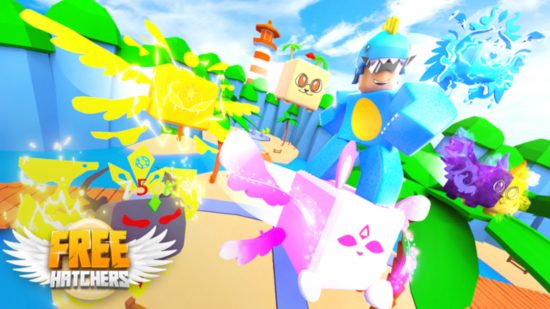 Free Hatchers codes: A promotional graphic from Free Haychers showing a character dressed as a blue dinosaur riding a pink pet.