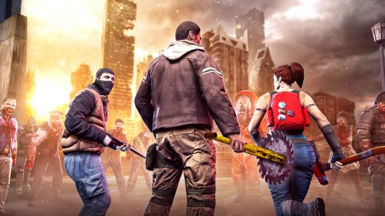 Gratis skräckspel - Överlevande som håller vapen och står inför en horde av zombies i Dead Trigger 2
