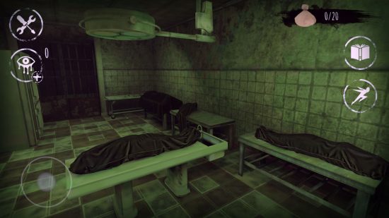 Gratis skräckspel - En skärmdump från ögonen som visar en morgue med kroppspåsar på bord
