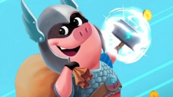 Екранна снимка на монетата Master Pig, носеща шлема на Thor за безплатен ръководство за мобилни игри