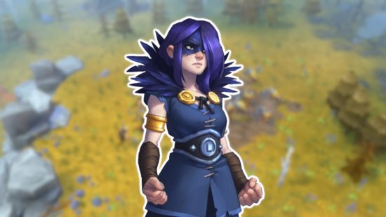 Age of Empiresのようなゲーム：紫色の髪とレイヴンをテーマにした衣装のノースガードのキャラクターは、白で輪郭が描かれ、ゲームのぼやけた背景スクリーンショットに貼り付けられています。
