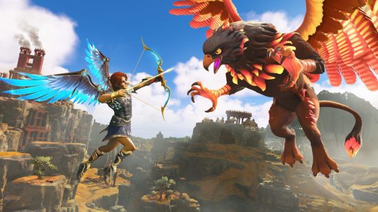 Games like Genshin Impact: A winged redhead character aiming a bow and arrow at a flaming giant bird in mid-air in Immortals Fenyx Rising.