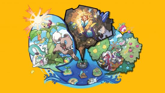 Gen 7 Pokemon: key art for Pokemon sun and moon is shown against a yellow background