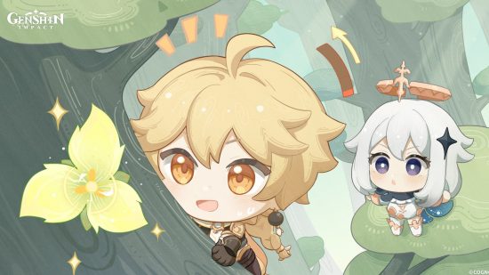 Genshin Impact Traveler: Chibi Aether and Paimon climbing a tree in Sumeru and finding a stamina flower.