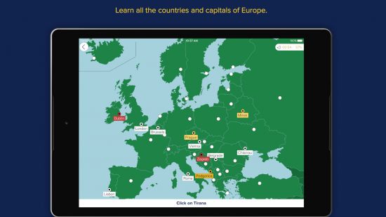 Geography games: An illustration of a tablet on a dark blue background showing a map of Europe. Yellow text says 'Learn all the countries and capitals of Europe'.