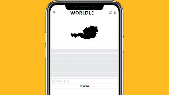 Geography games: A smartphone on a mustard background showing Worldle's game screen on the screen.