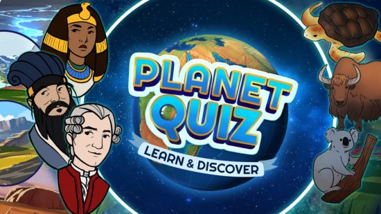 Geography games: The cover art for Planet Quiz featuring the earth surrounded by a range of historical figures and animals.