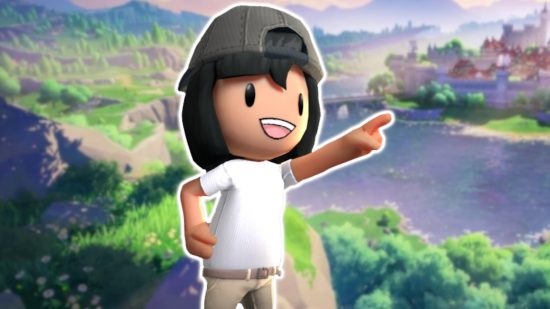 Geography games: A Geoguessr avatar wearing a backwards grey baseball cap on top of mid length black hair and wearing aa white tshirt and beige pants is pointing to something in the distance. They are outlined in white and pasted on a slightly blurred picture of the outskirts of Mondstadt from Genshin Impact.