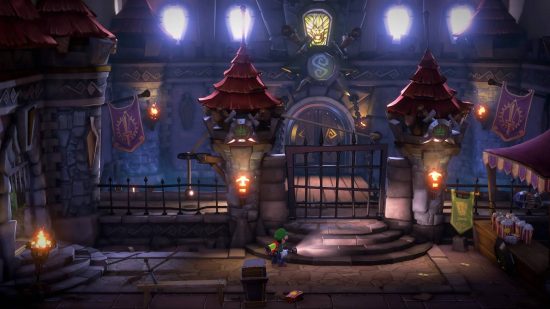 Gry o duchach: Luigi eksploruje duży poziom z czymś, co przypomina średniowieczny dziedziniec w pokoju