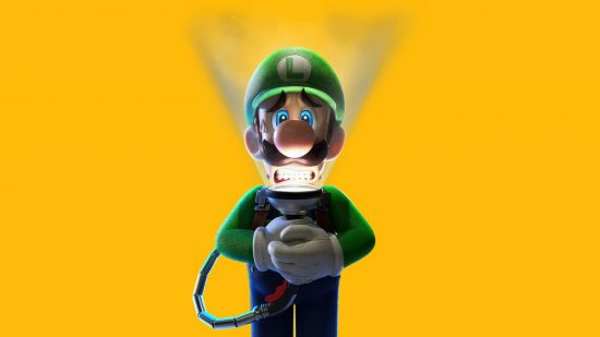ghost games: Luigi stands against a yellow background, holding a torch up to his face