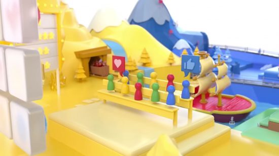 Google machine translation - various colourful toybox style things in yellow, red, blue, and green. In the middle are some bleachers, with little armless, legless, toybox people in various big colours sat on them, in fron of a tall blue mountain and other playset stuff.