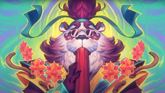 Hearthstone Festival of Legends: A close-up of the card art for the Hipster signature card, showing a psychadelic Pandarian using a didgeridoo with lotus flowers floating around.