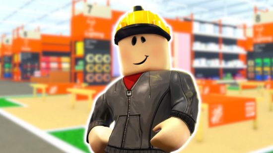 Home Depot Roblox game: The classic Roblox builder character wearing a yellow hard hat and a grey hoodie, outlined in white and pasted on a blurred background of the Virtual Kids Workshop from Redcliff City RP.