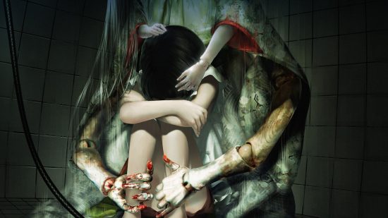 A CG from Spirit Hunter: NG, one of the best horror games on Switch and mobile, showing a girl hugging her knees as creepy arms encircle her