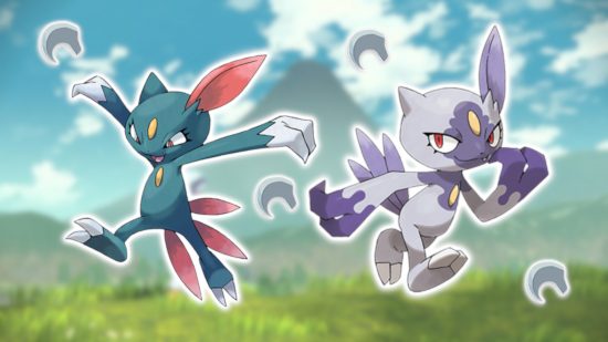 How to evolve Sneasel: Sneasel and Hisuian Sneasel outlined in white and pasted on a blurred background of Mount Sinnoh. There are several Razor Claws outlined in white and dotted around the image.