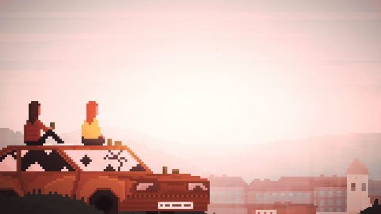 How We Know We're Alive review - two women sat on a car roof looking at the sunset in a 2d pixel art scene