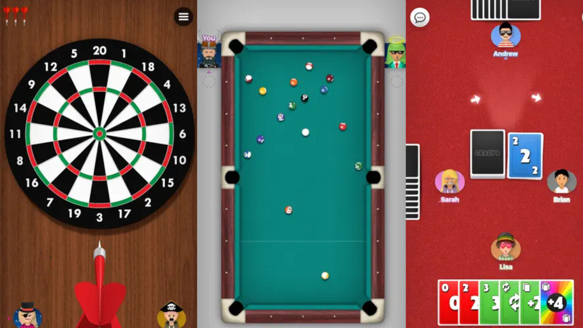 Screenshot of darts, pool, and cards inside of Game Pigeon for imessage games list