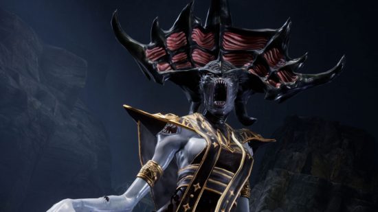 King Arthur Legends Rise monetisation - a strange blue humanoid creature with a large eyeless head with giant mouth and teeth and strange gory headdress-style horns.